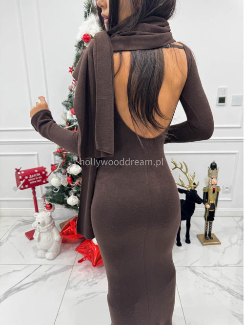 Brązowa sukienka maxi sweterkowa z długim rękawem i wyciętymi plecami + szal MIRABEL 161 - photo #8