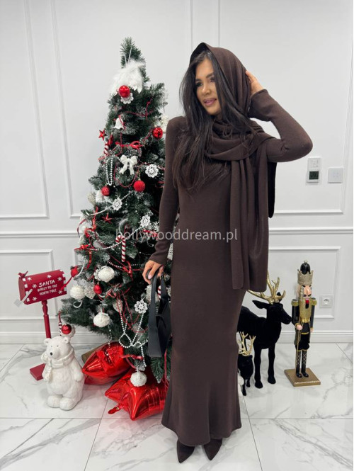 Brązowa sukienka maxi sweterkowa z długim rękawem i wyciętymi plecami + szal MIRABEL 161 - photo #9