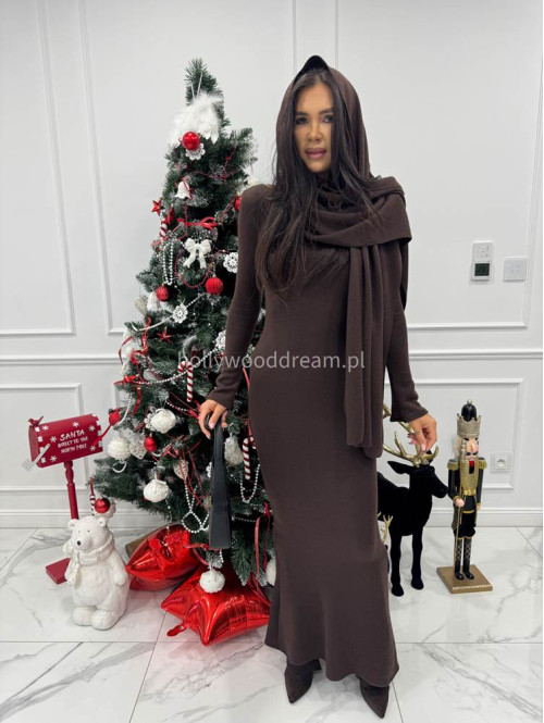 Brązowa sukienka maxi sweterkowa z długim rękawem i wyciętymi plecami + szal MIRABEL 161 - photo #11