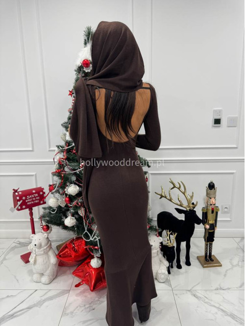 Brązowa sukienka maxi sweterkowa z długim rękawem i wyciętymi plecami + szal MIRABEL 161 - photo #13