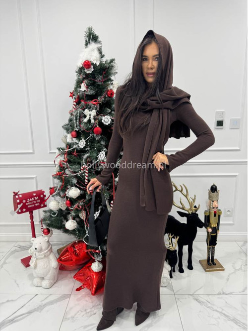 Brązowa sukienka maxi sweterkowa z długim rękawem i wyciętymi plecami + szal MIRABEL 161 - photo #14