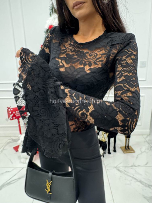 Czarne body koronkowe z rękawem dzwonek Silva 173 - photo #6