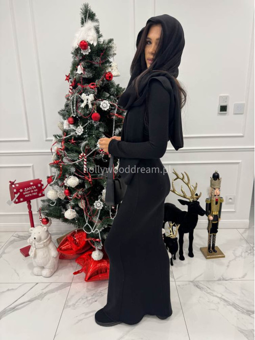 Czarna sukienka maxi sweterkowa z długim rękawem i wyciętymi plecami + szal MIRABEL 161 - photo #2