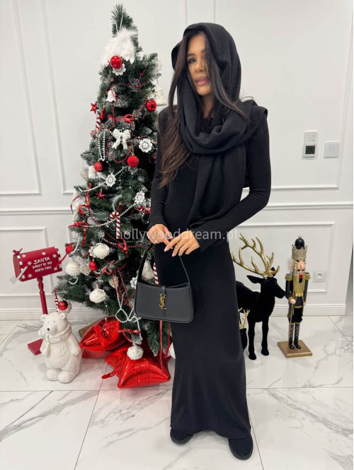 Czarna sukienka maxi sweterkowa z długim rękawem i wyciętymi plecami + szal MIRABEL 161 - photo #1