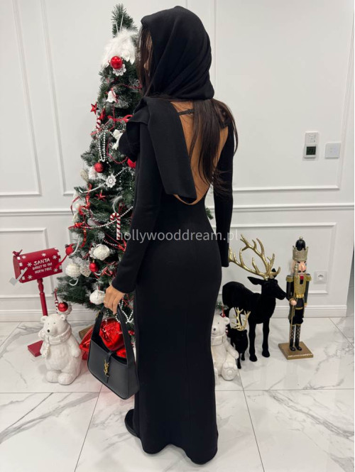 Czarna sukienka maxi sweterkowa z długim rękawem i wyciętymi plecami + szal MIRABEL 161 - photo #3