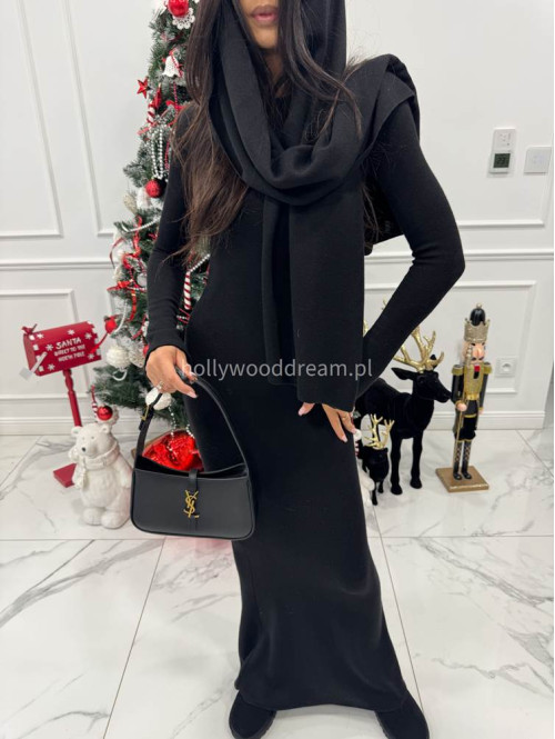 Czarna sukienka maxi sweterkowa z długim rękawem i wyciętymi plecami + szal MIRABEL 161 - photo #4