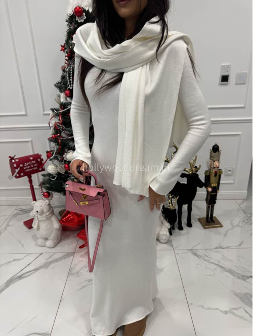 Biała sukienka maxi sweterkowa z długim rękawem i wyciętymi plecami + szal MIRABEL 161 - photo #0