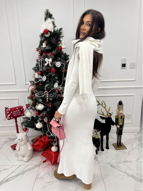 Biała sukienka maxi sweterkowa z długim rękawem i wyciętymi plecami + szal MIRABEL 161 - photo #1