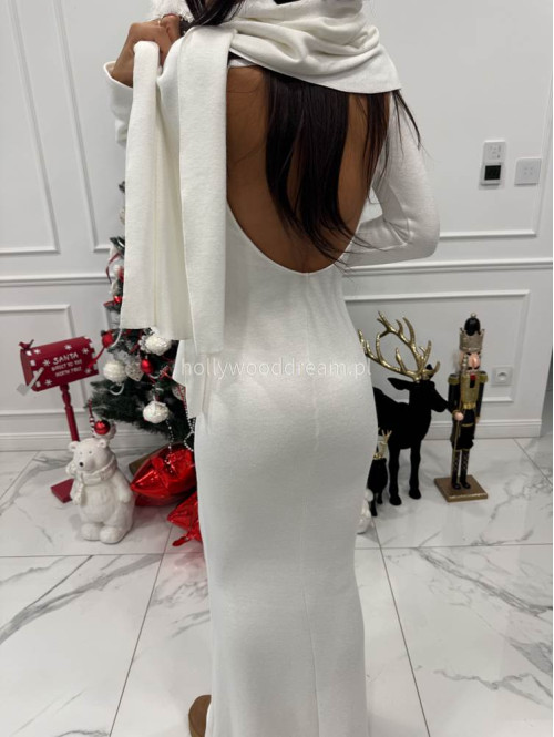 Biała sukienka maxi sweterkowa z długim rękawem i wyciętymi plecami + szal MIRABEL 161 - photo #2