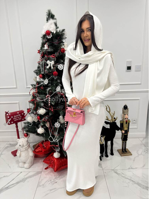 Biała sukienka maxi sweterkowa z długim rękawem i wyciętymi plecami + szal MIRABEL 161 - photo #5