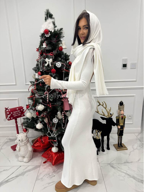 Biała sukienka maxi sweterkowa z długim rękawem i wyciętymi plecami + szal MIRABEL 161 - photo #6