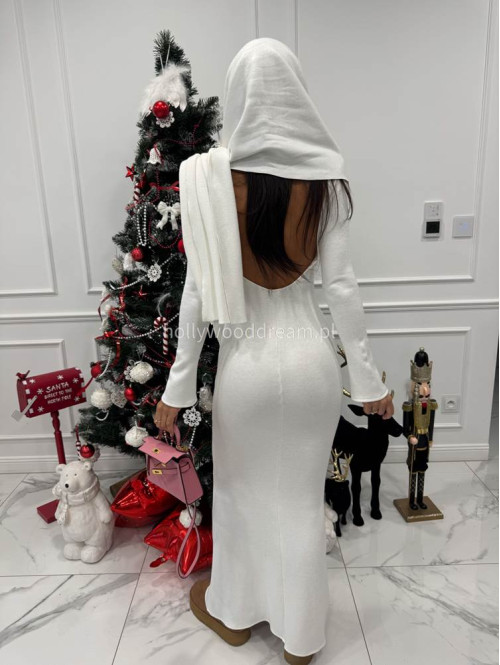 Biała sukienka maxi sweterkowa z długim rękawem i wyciętymi plecami + szal MIRABEL 161 - photo #7