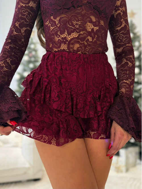 Bordowe spódnico-spodenki koronkowe z falbanami ERNEST 173