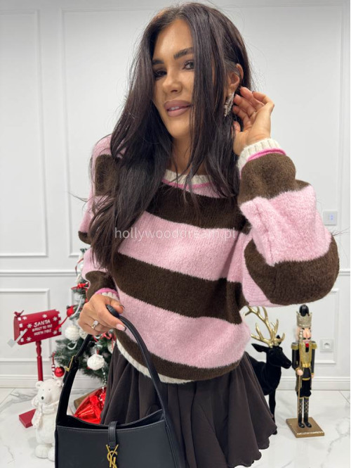 Różowo-czekoladowy sweter w paski KRIS 06 - photo #6