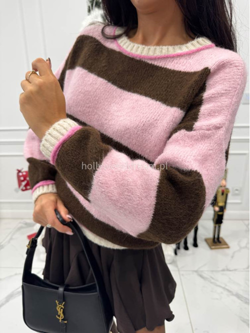 Różowo-czekoladowy sweter w paski KRIS 06 - photo #7