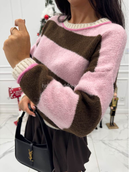 Różowo-czekoladowy sweter w paski KRIS 06 - photo #8