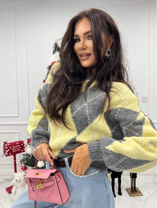 Szaro żółty sweter w małe romby FRANK 06