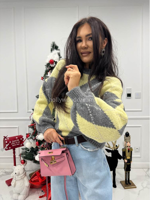 Szaro żółty sweter w małe romby FRANK 06 - photo #5