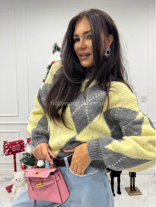 Szaro żółty sweter w małe romby FRANK 06 - photo #6