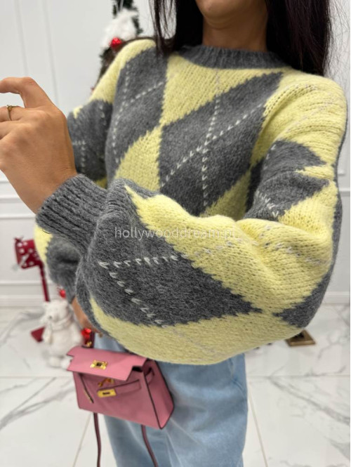 Szaro żółty sweter w małe romby FRANK 06 - photo #8