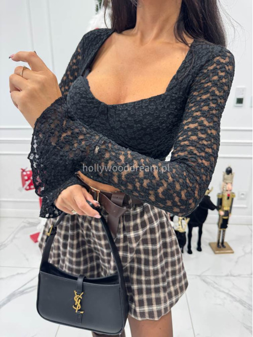 Czarna bluzka crop top koronkowa z rękawem dzwonek Mindi 172 - photo #6