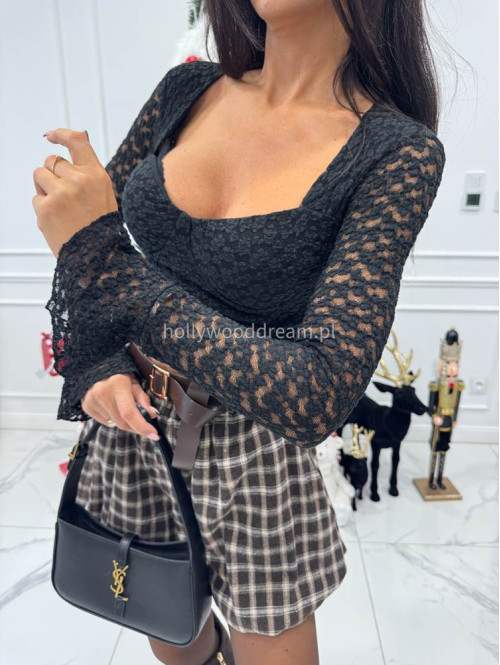 Czarna bluzka crop top koronkowa z rękawem dzwonek Mindi 172 - photo #7