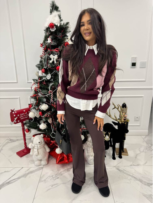 Bordowo-różowy sweter oversize we wzór rombów JIMMY 09 - photo #2