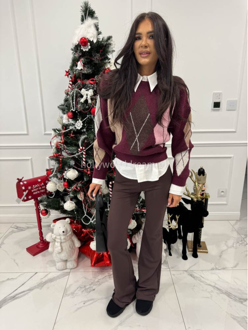 Bordowo-różowy sweter oversize we wzór rombów JIMMY 09 - photo #3