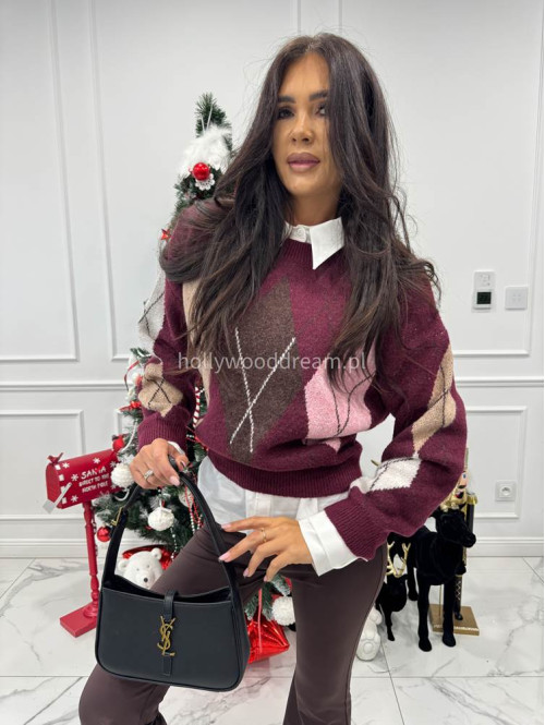 Bordowo-różowy sweter oversize we wzór rombów JIMMY 09 - photo #5