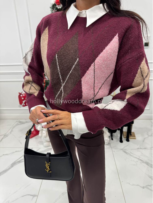 Bordowo-różowy sweter oversize we wzór rombów JIMMY 09 - photo #6