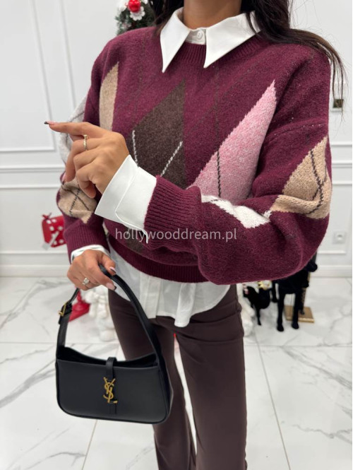 Bordowo-różowy sweter oversize we wzór rombów JIMMY 09 - photo #7