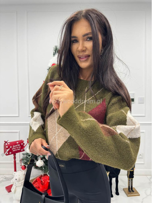 Zielono-brązowy sweter oversize we wzór rombów JIMMY 09 - photo #6