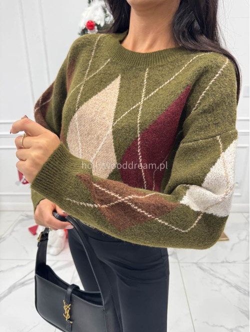 Zielono-brązowy sweter oversize we wzór rombów JIMMY 09