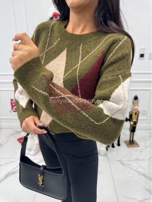 Zielono-brązowy sweter oversize we wzór rombów JIMMY 09 - photo #8
