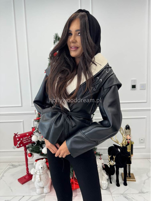 Czarna kurtka skórzana z barankiem zdobiona sznurowaniem i paskiem AUSTIN 09 - photo #1