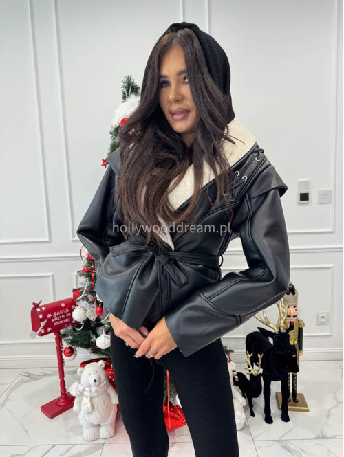 Czarna kurtka skórzana z barankiem zdobiona sznurowaniem i paskiem AUSTIN 09 - photo #2