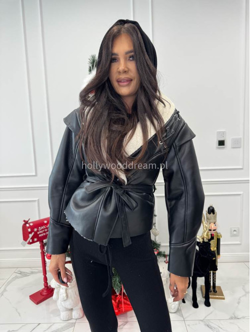 Czarna kurtka skórzana z barankiem zdobiona sznurowaniem i paskiem AUSTIN 09 - photo #3