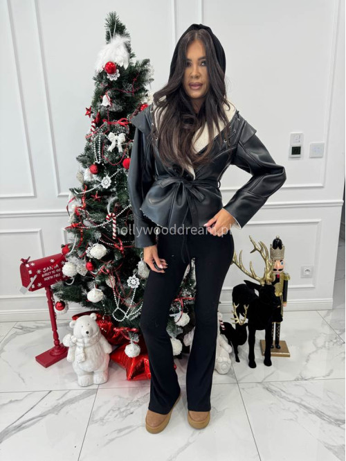 Czarna kurtka skórzana z barankiem zdobiona sznurowaniem i paskiem AUSTIN 09 - photo #4