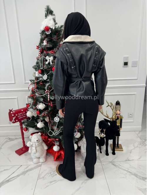 Czarna kurtka skórzana z barankiem zdobiona sznurowaniem i paskiem AUSTIN 09 - photo #6