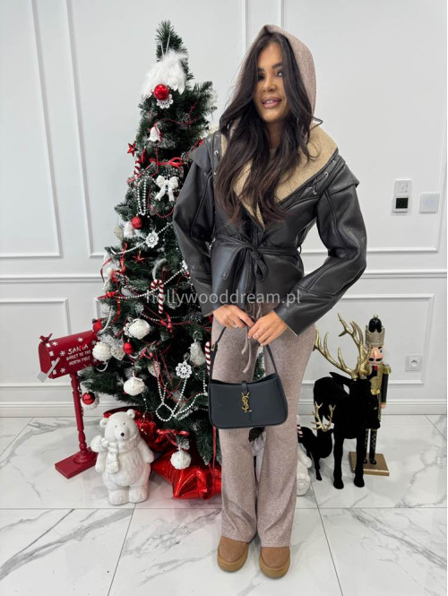 Brązowa kurtka skórzana z barankiem zdobiona sznurowaniem i paskiem AUSTIN 09 - photo #1