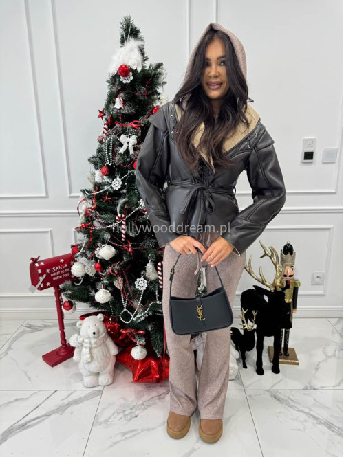 Brązowa kurtka skórzana z barankiem zdobiona sznurowaniem i paskiem AUSTIN 09 - photo #3