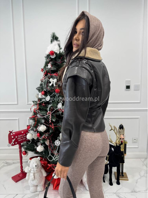 Brązowa kurtka skórzana z barankiem zdobiona sznurowaniem i paskiem AUSTIN 09 - photo #7