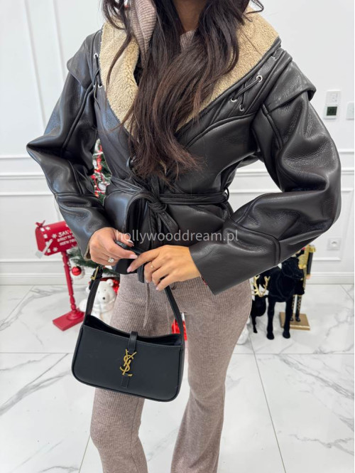 Brązowa kurtka skórzana z barankiem zdobiona sznurowaniem i paskiem AUSTIN 09 - photo #8