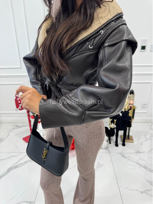 Brązowa kurtka skórzana z barankiem zdobiona sznurowaniem i paskiem AUSTIN 09 - photo #9