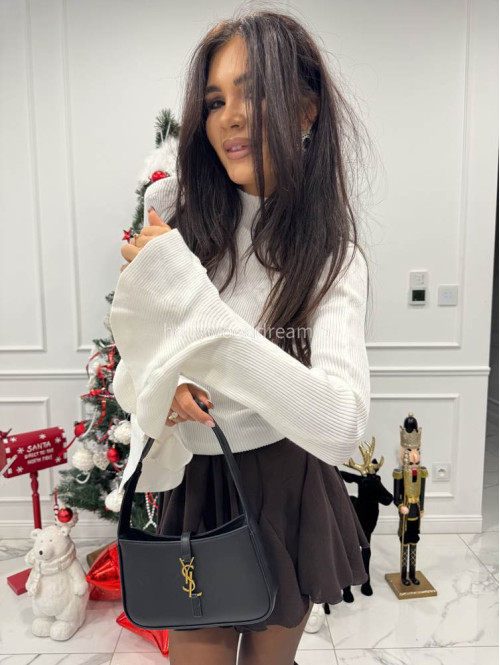 Kremowa bluzka prążkowana z półgolfem i falbanami na rękawach LILY 09 - photo #4