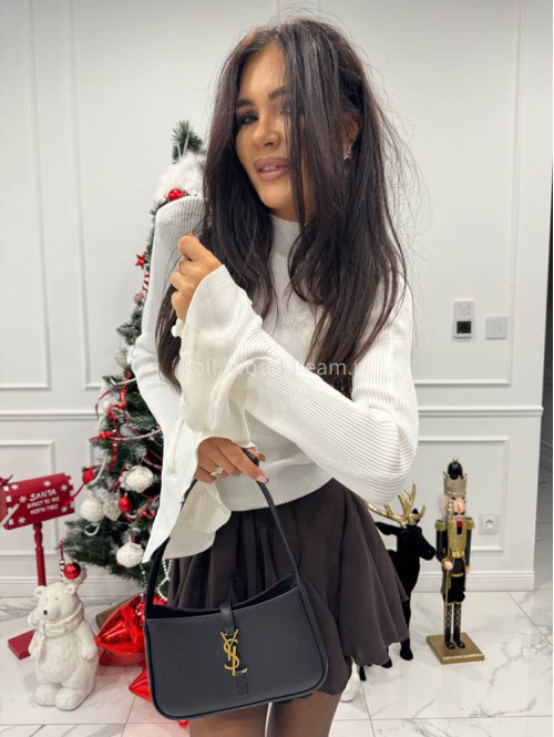 Kremowa bluzka prążkowana z półgolfem i falbanami na rękawach LILY 09 - photo #5