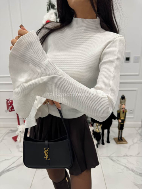 Kremowa bluzka prążkowana z półgolfem i falbanami na rękawach LILY 09 - photo #6