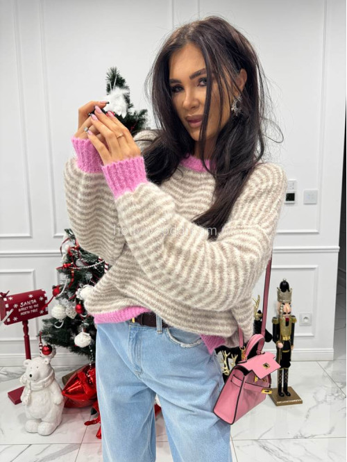 Sweter w beżowe paski z różową lamówką Olga 52 - photo #5