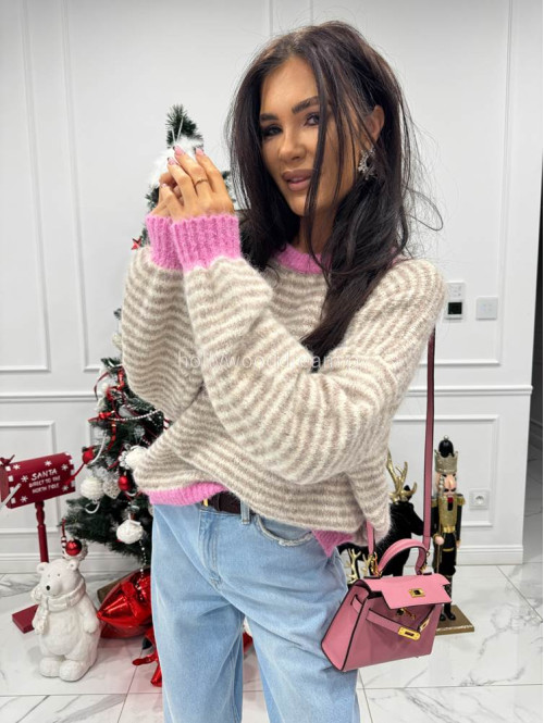 Sweter w beżowe paski z różową lamówką Olga 52 - photo #6