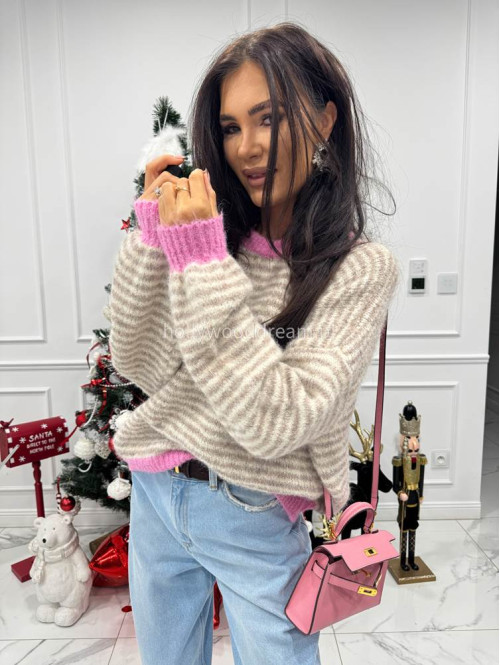 Sweter w beżowe paski z różową lamówką Olga 52 - photo #7